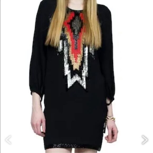 Yoana Baraschi Black Long Sleeve Rhinestone Beaded Sheath Dress Size 12 - Picture 1 of 13